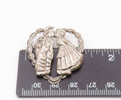 BEAU 925 Silver  Vintage Antique Kissing Couple Love Heart Brooch Pin  BP9439