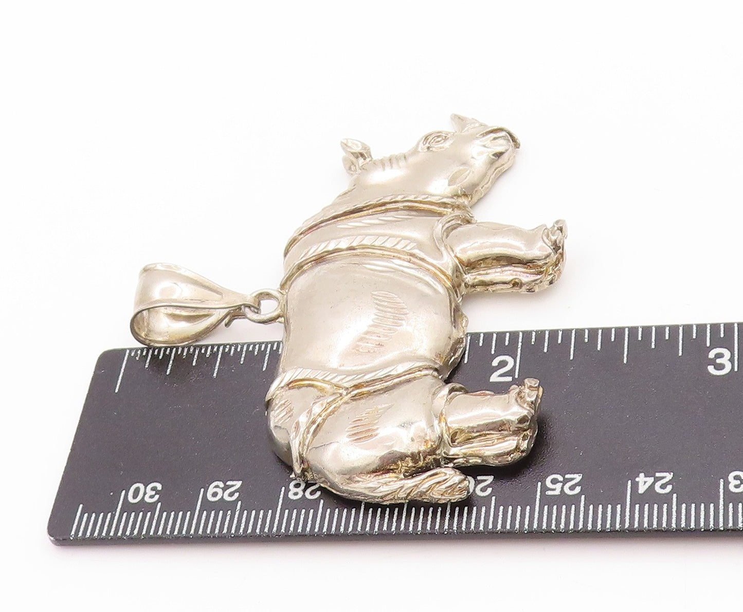 925 Sterling Silver Vintage Pendant Large One Horn Rhinoceros Carved  PT24639