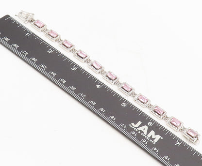 925 Sterling Silver Vintage Bracelet Rectangle Link Pink Halo White CZ  BT10249