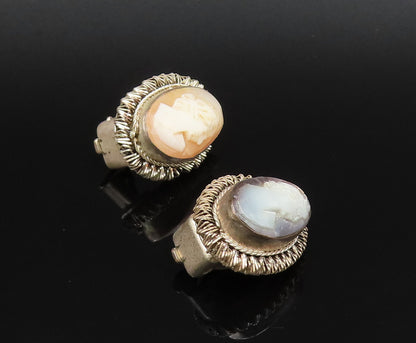 EUROPEAN 925 Silver  Vintage Carved MOP Cameo Non Pierced Earrings  EG12139