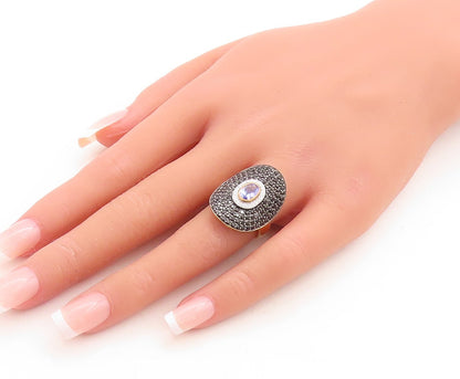 925 Sterling Silver Vintage Ring Gold Plated 2 tone CZ & Spinel  Sz 6.5  RG30093