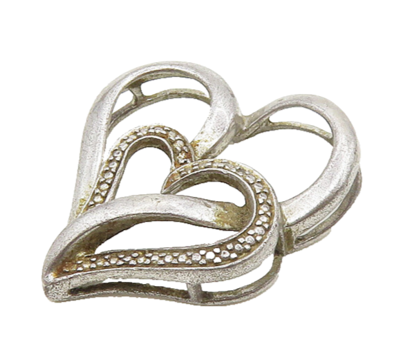 925 Sterling Silver  Vintage Genuine Diamond Open Love Hearts Pendant  PT14293