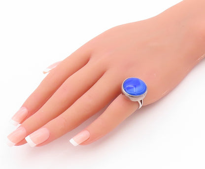 925 Sterling Silver Vintage Ring Cabochon Blue Round Gemstone  Sz 5  RG33315
