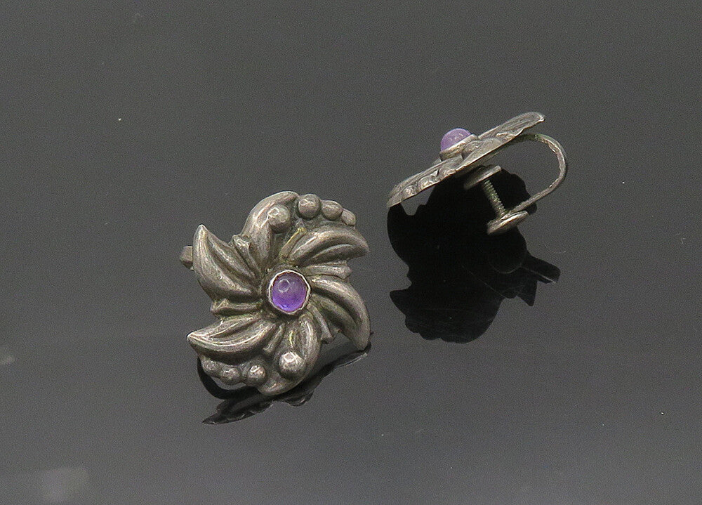 MEXICO 925 Sterling Silver Vintage Antique Amethyst Non Pierce Earrings  EG10170