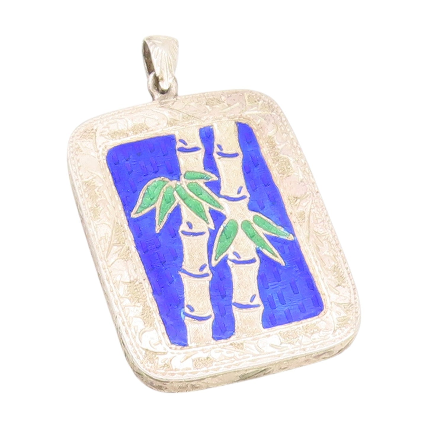 925 Sterling Silver Vintage Pendant Blue Enameled Bamboo Medallion  PT25187