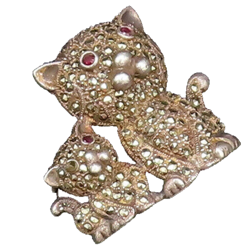 925 Silver  Vintage Marcasite Mom & Baby Cat With Ruby Eyes Brooch Pin  BP9847