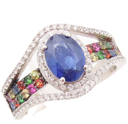 925 Sterling Silver Vintage Ring Oval Sapphire Multi Color CZ  Sz 8.5  RG30568
