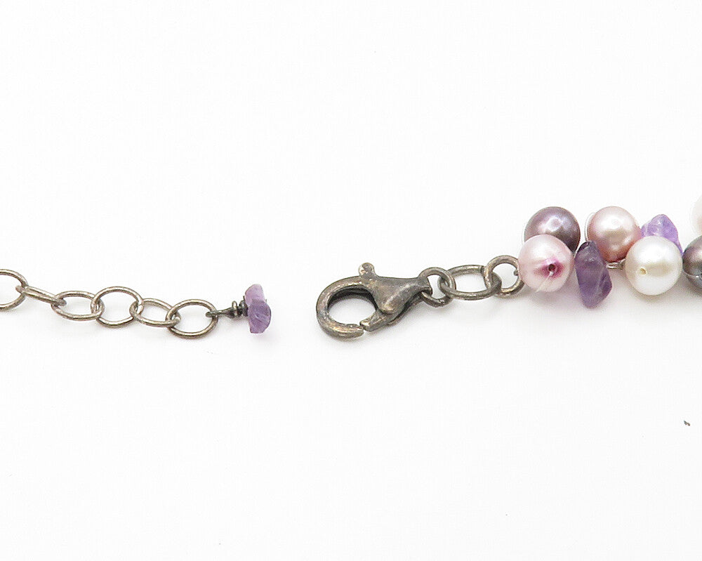 925 Sterling Silver  Vintage Pearls & Amethyst Beaded Chain Necklace  NE2338