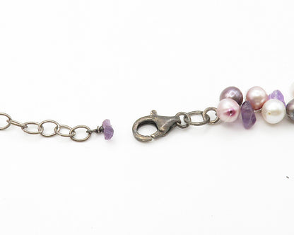 925 Sterling Silver  Vintage Pearls & Amethyst Beaded Chain Necklace  NE2338
