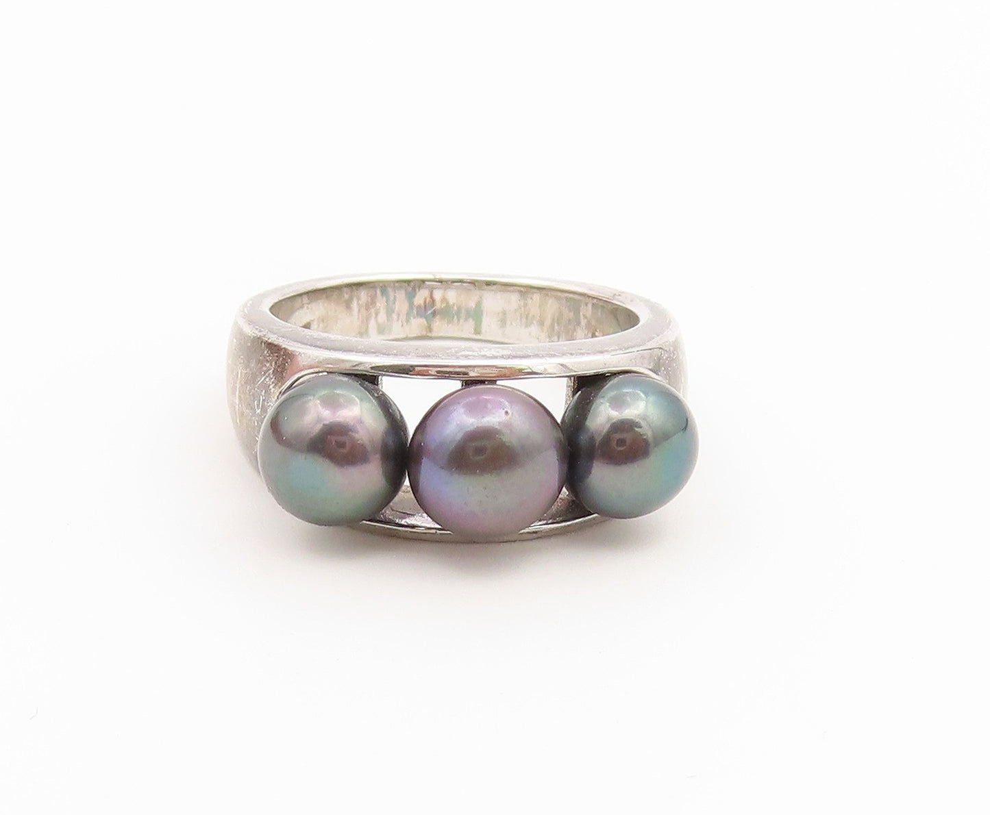 925 Sterling Silver Vintage Ring Modernist Triple Pearl Band  Sz 8  RG36940