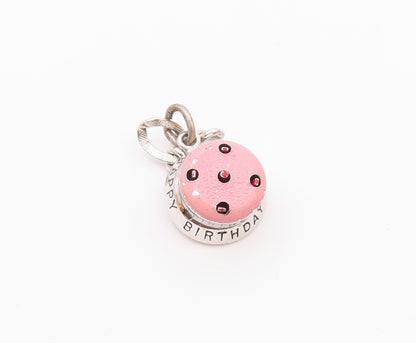 WELLS 925 Sterling Silver  Vintage Enamel Happy Birthday Cake Pendant  PT17188