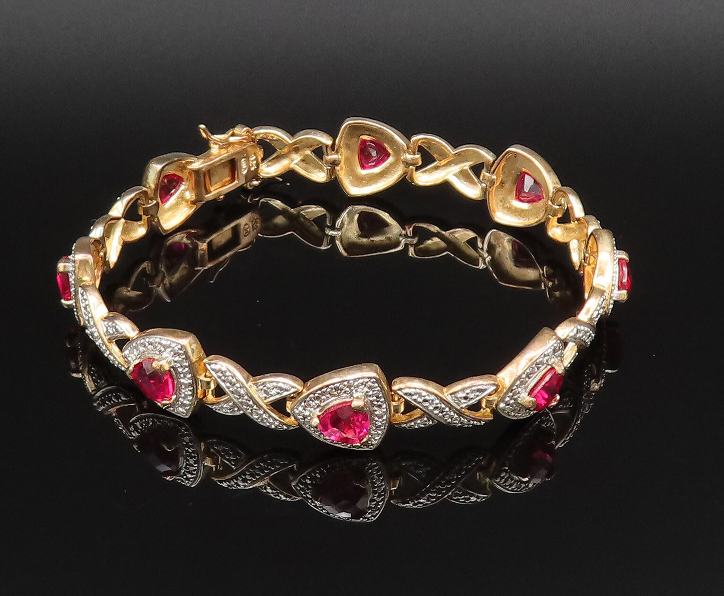 925 Silver  Vintage Gold Plated Red Malaya Garnet & X Pattern Bracelet BT9606