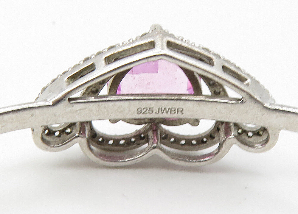 925 Silver  Vintage Genuine Diamonds & Pink Topaz Heart Cuff Bracelet  BT8541