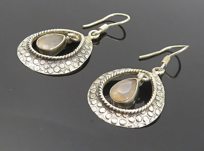 925 Sterling Silver  Vintage Tear Drop Quartz Patterned Dangle Earrings EG3713