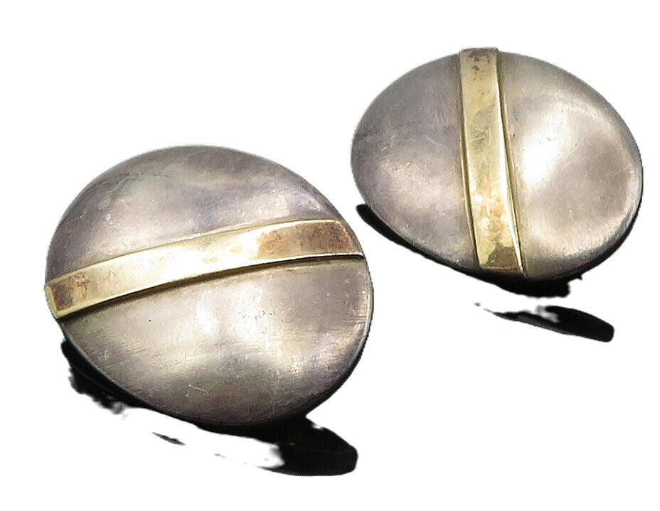 925 Silver & 14K GOLD  Vintage Two Tone Oval Non Pierce Earrings  EG6417