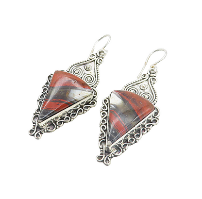 925 Sterling Silver  Vintage Red & Brown Agate Swirl Dangle Earrings  EG3512