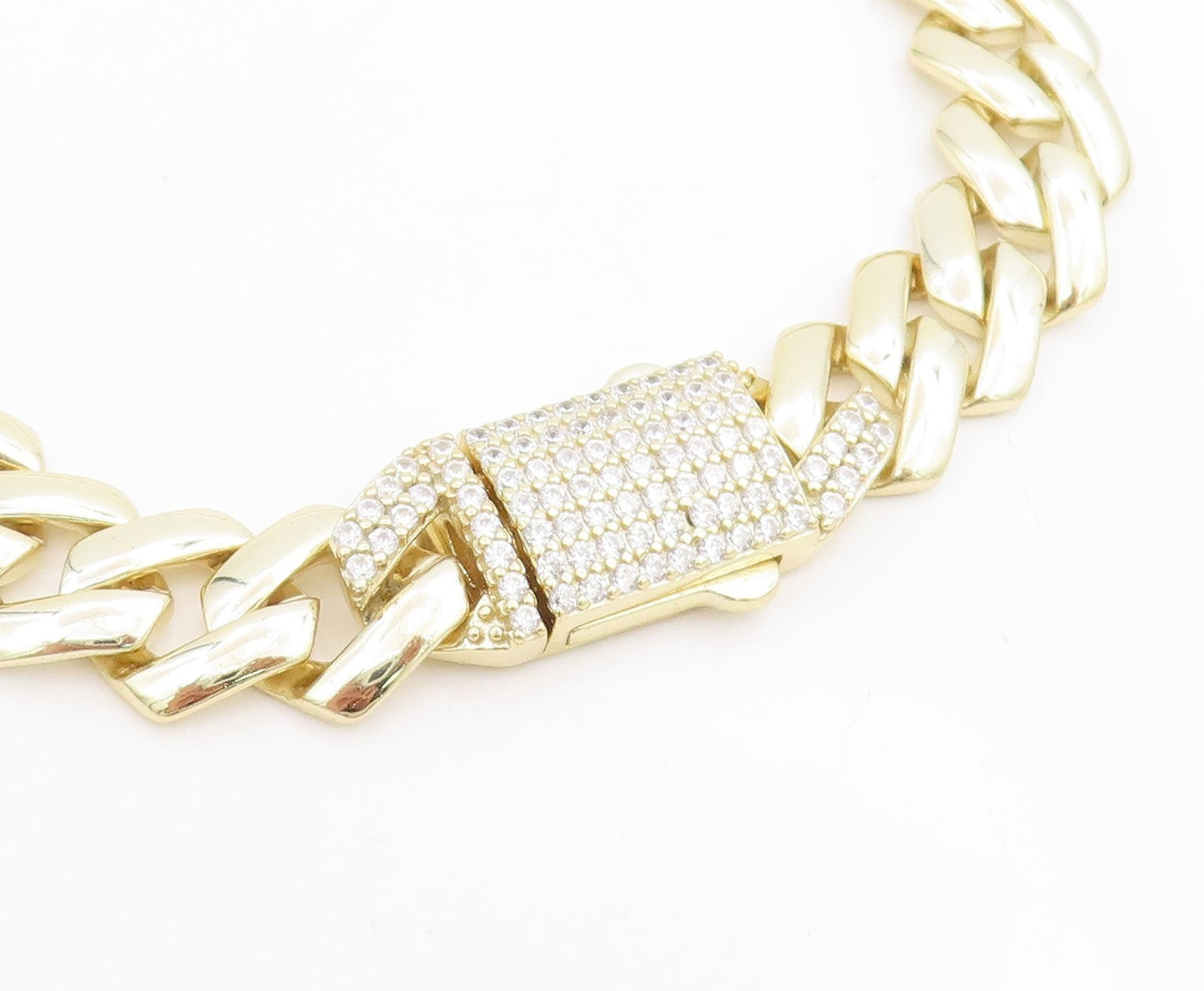 925 Sterling Silver Vintage Necklace Gold Plated CZ Chunky Cuban Link  NE4716