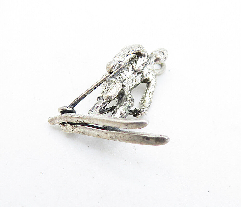 925 Sterling Silver  Vintage Dark Tone Sculpted Skiing Man Pendant  PT4798