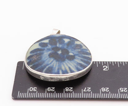 925 Sterling Silver Vintage Pendant Large Round Blue Chinese Ceramic  PT24566