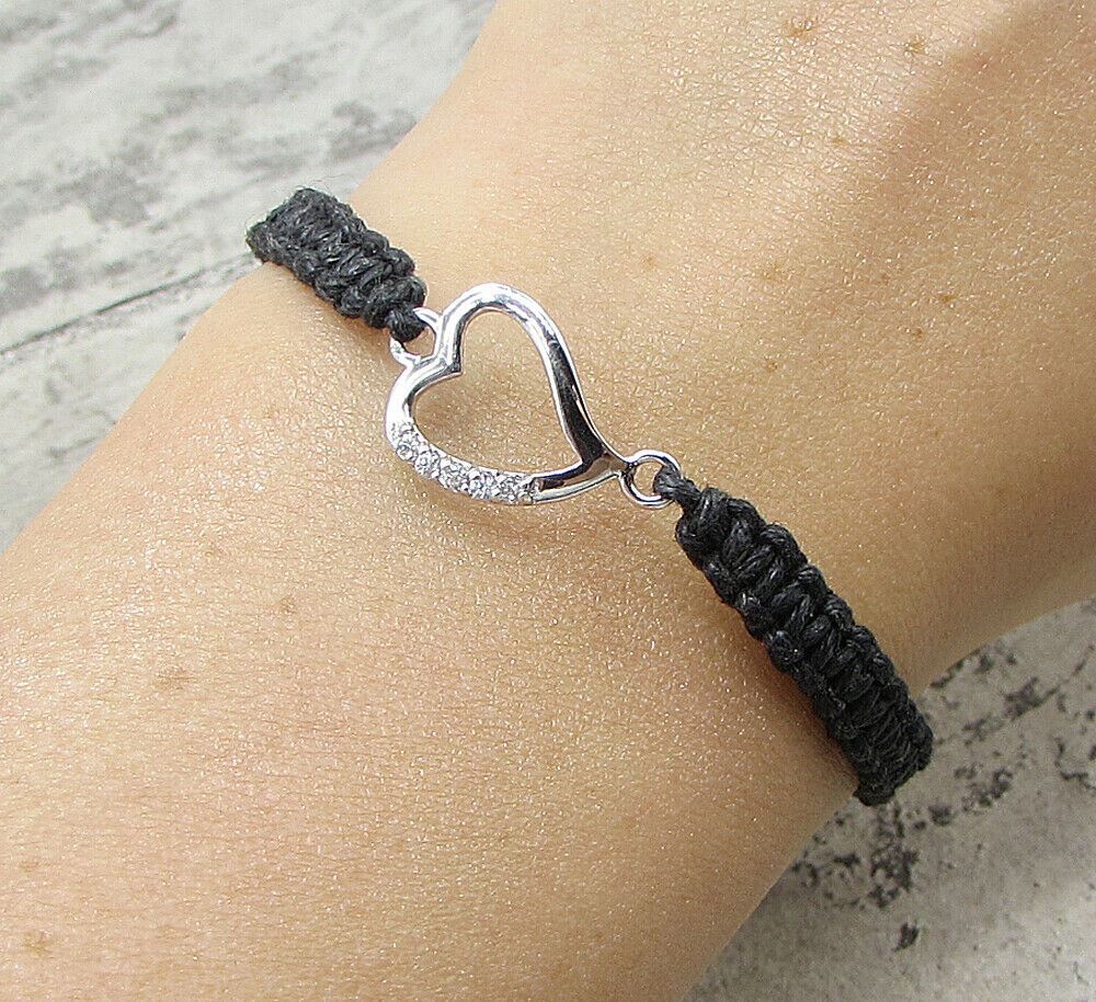 925 Silver  Cubic Zirconia Love Heart Adjustable Friendship Bracelet  BT1019