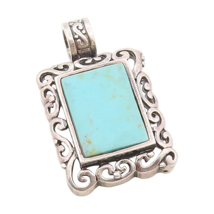 925 Sterling Silver Vintage Pendant Blue Turquoise Rectangle Scrollwork  PT25827