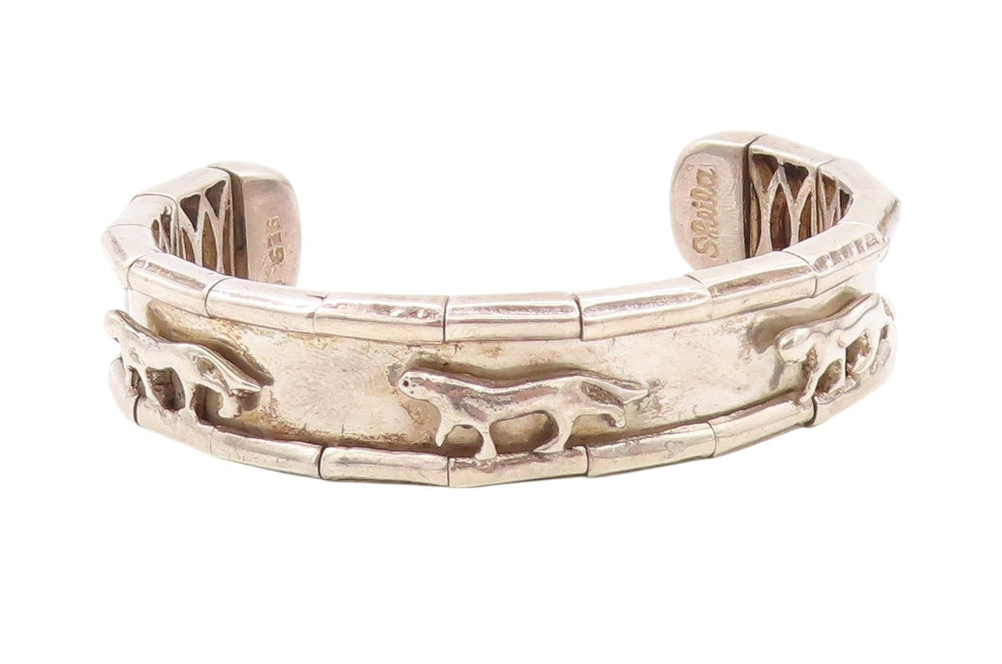 925 Sterling Silver Vintage Bracelet SHEILA Solid Walking Tigers Cuff  BT11193