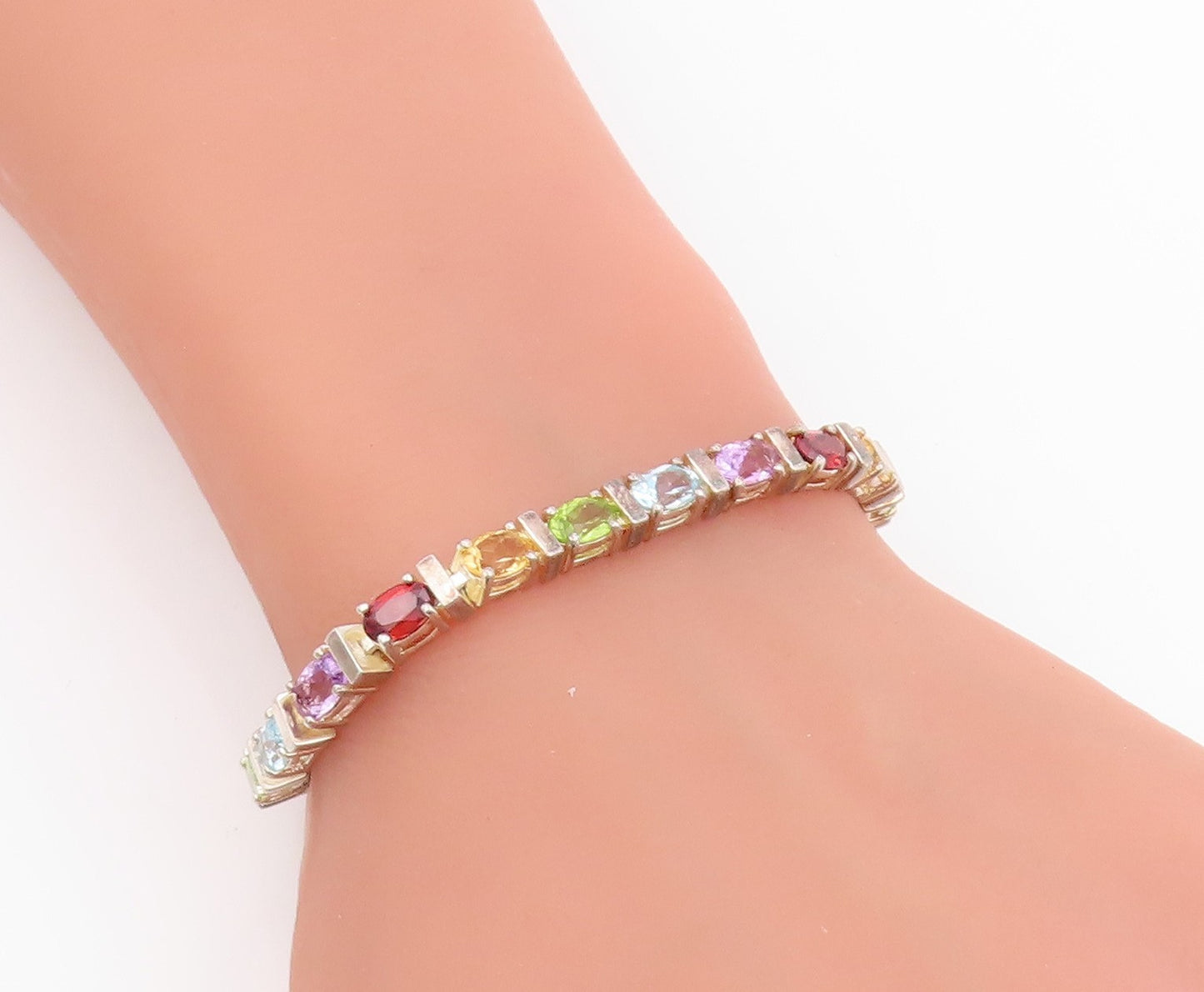 925 Sterling Silver Vintage Bracelet Oval Cut Multi Gemstone Link Chain  BT11461