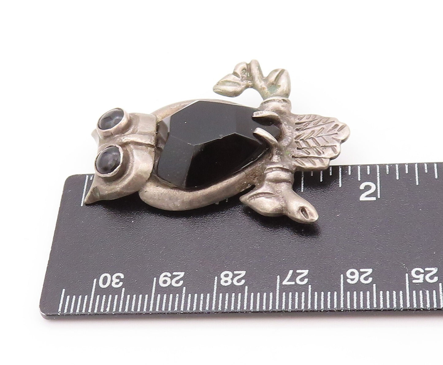 925 Sterling Silver Vintage Brooch MEXICO Onyx Inlay Carved Night Owl  BP11539