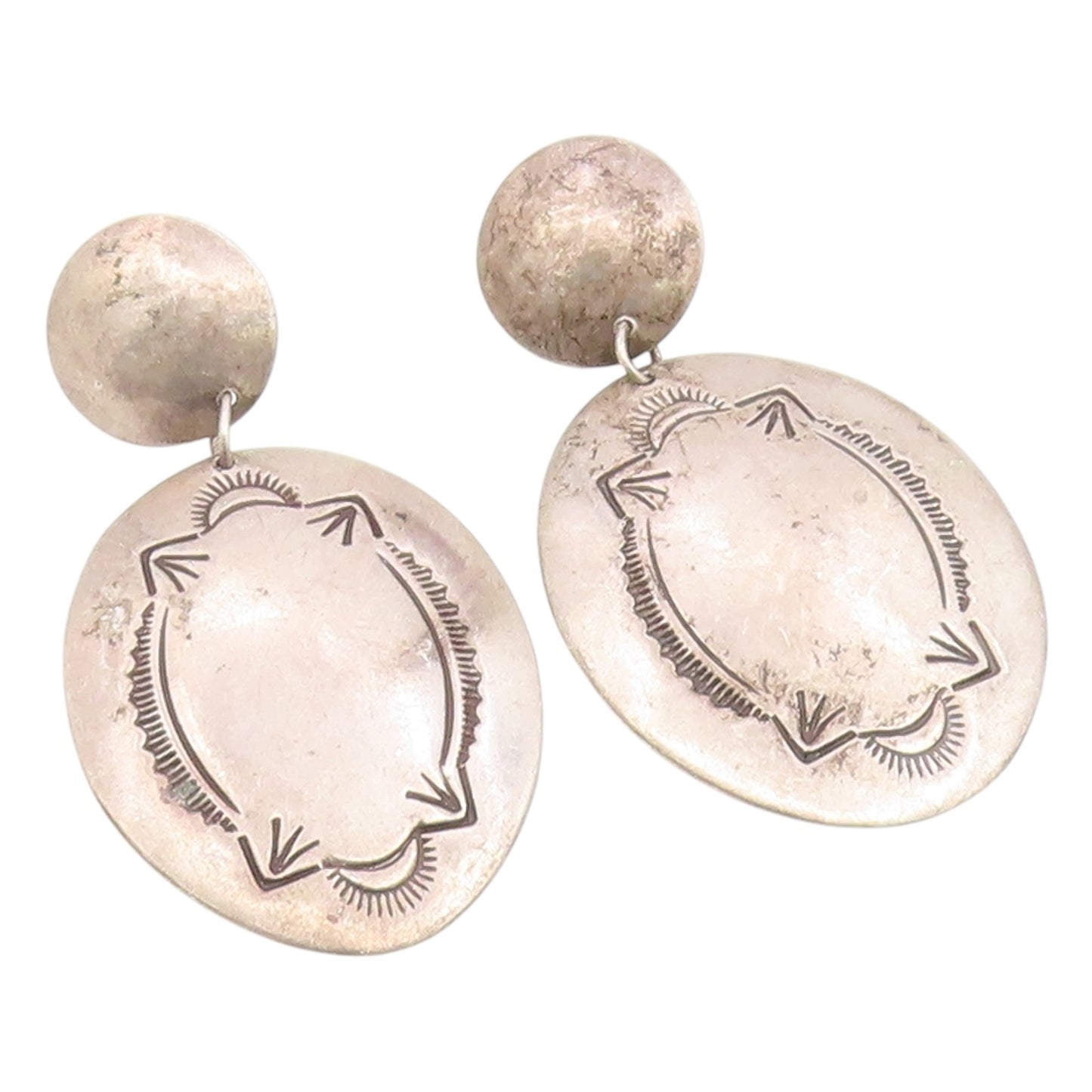 925 Sterling Silver Vintage Earrings BAHE NAVAJO Etched Concho Drop  EG14184