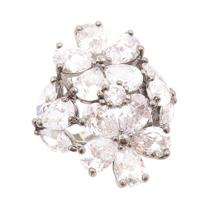 925 Sterling Silver Vintage Ring Dark Tone Drop Cut CZ Flowers  Sz 6.5  RG31767