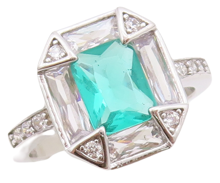 925 Sterling Silver Vintage Ring Rectangle Sea Green & White CZ  Sz 7.5  RG30706
