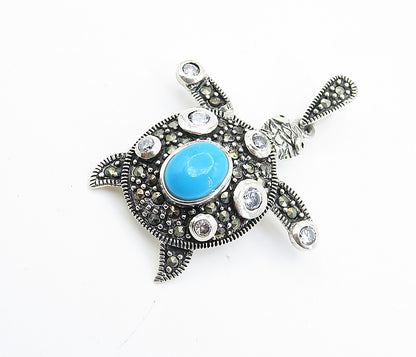 925 Sterling Silver  Vintage Turquoise & Cubic Zirconia Turtle Pendant  PT6067