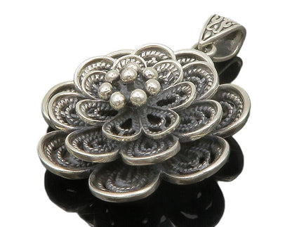 925 Sterling Silver  Vintage Flower Motif Twist Detail Shiny Pendant  PT10722