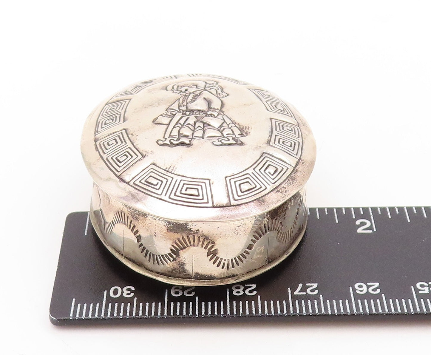 925 Sterling Silver Vintage Pill Box RTT NAVAJO Carved Girl (OPENS)  TR3793