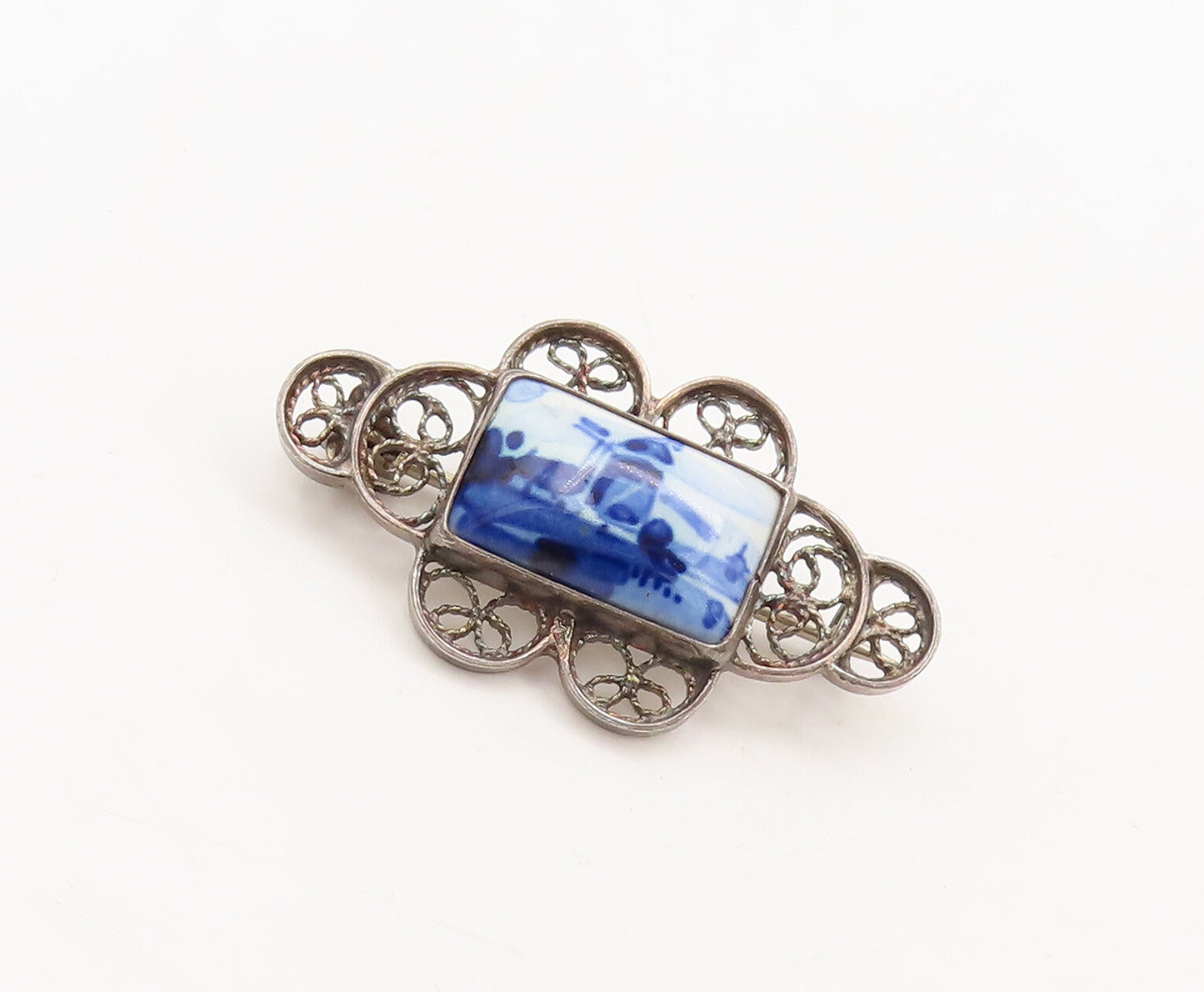 925 Sterling Silver Vintage Brooch Pin Filigree Work & Landscape Photo  BP10607