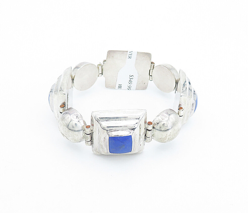 925 Sterling Silver  Vintage Lapis Lazuli Dome Hinge Chain Bracelet  BT1800