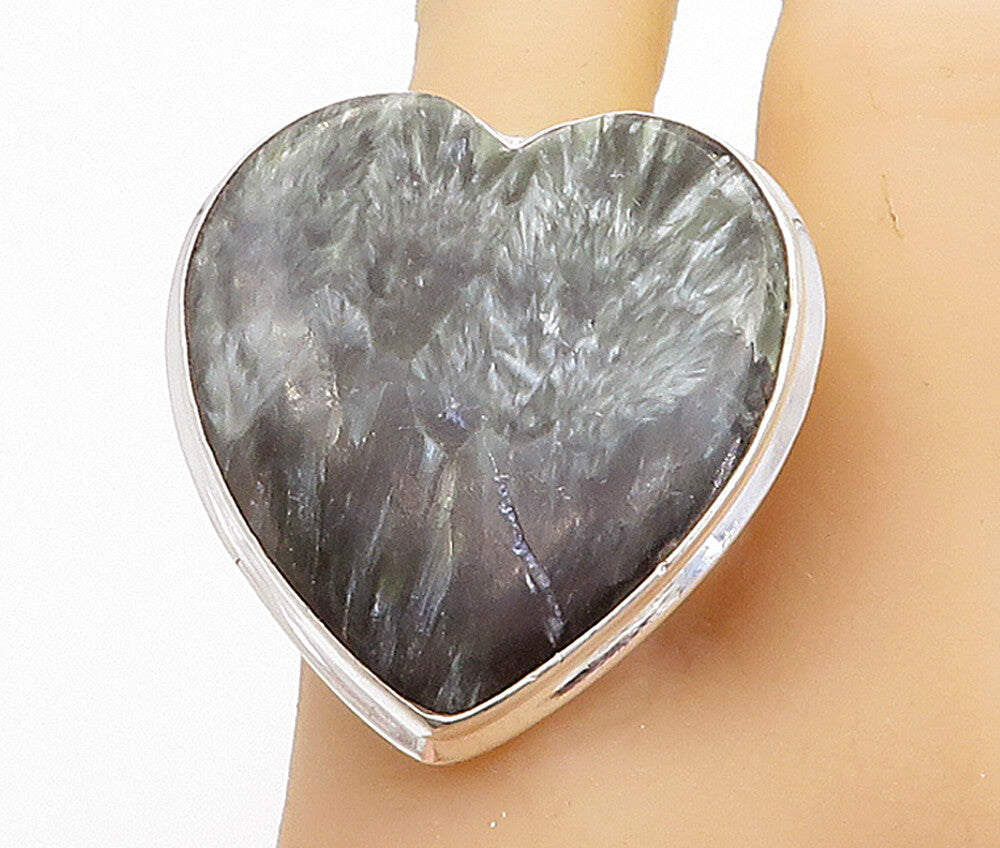 925 Sterling Silver  Love Heart Shaped Green Jasper Cocktail Ring Sz 9  RG7743