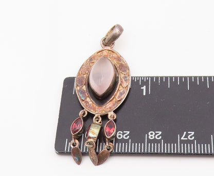 925 Sterling Silver Vintage Pendant Cabochon Rose Quartz Bohemian Dangle PT25573