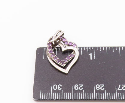 925 Sterling Silver  Vintage Amethyst Open Love Hearts Pendant  PT19117