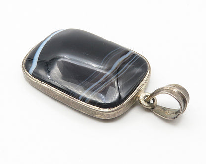 925 Sterling Silver  Vintage Black Agate Dark Tone Square Drop Pendant  PT8364