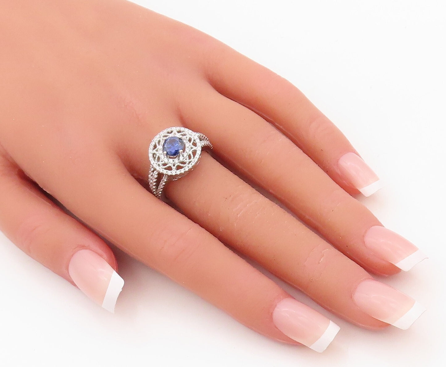 925 Sterling Silver Vintage Ring Floral Design Cutout 2 Tone CZ  Sz 7.5  RG30328