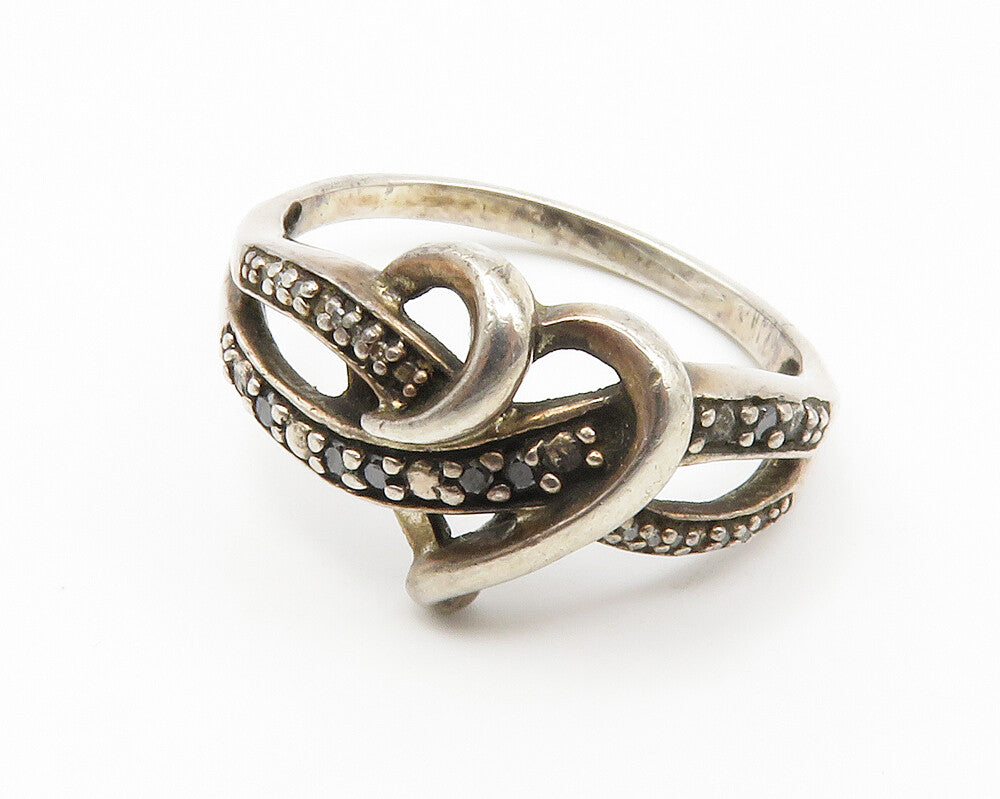 925 Sterling Silver  Vintage Genuine Black & White Diamonds Ring Sz 12  RG14151