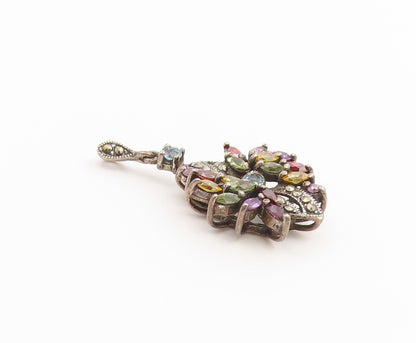 925 Sterling Silver Vintage Pendant Classic Multi Gemstone Floral Charm  PT26614