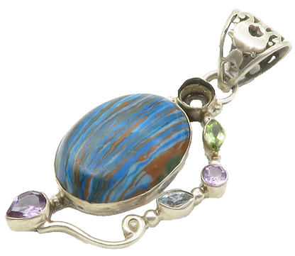 925 Silver  Vintage Striped Jasper Amethyst Topaz & Peridot Pendant  PT11304