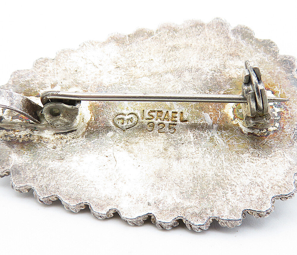 ISRAEL 925 Sterling Silver  Vintage Eilat Stone Twist Border Brooch Pin BP2749