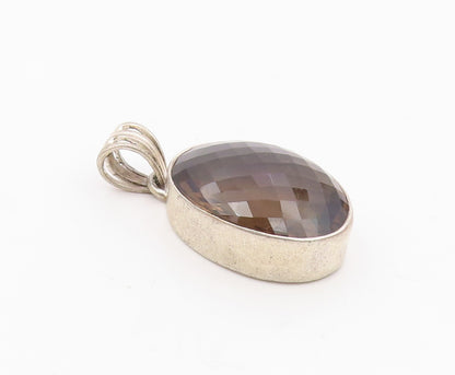 925 Sterling Silver  Vintage Faceted Smoky Topaz Oval Drop Pendant  PT9670