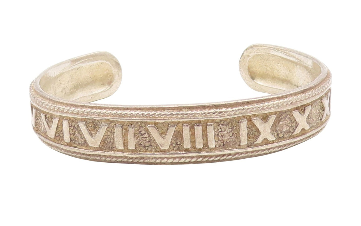 925 Sterling Silver Vintage Bracelet Bold Roman Numerals Rope Edge Cuff  BT11564