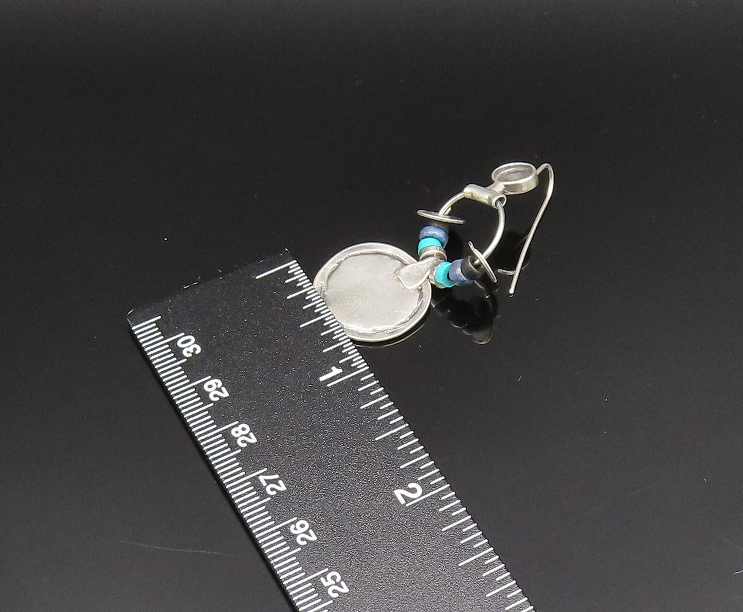 ISRAEL 925 Silver  Vintage Turquoise & Sodalite Beads Disc Earrings  EG11827