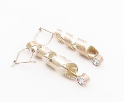 925 Sterling Silver Vintage Earrings Round Cut CZ Twisted Ribbon Dangle  EG14439