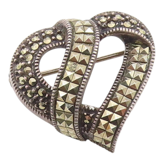 JUDITH JACK 925 Silver  Vintage Marcasite Open Love Heart Brooch Pin  BP4469